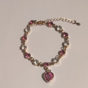 Crystal Pink Gemstones October‎ Birthstone Gold Chain-Link Bracelet Heart Charm